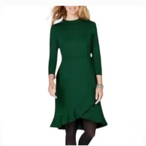 J Jill Ponte Green Ruffle Hem Stretch Long Sleeve A-Line Midi Dress Size M